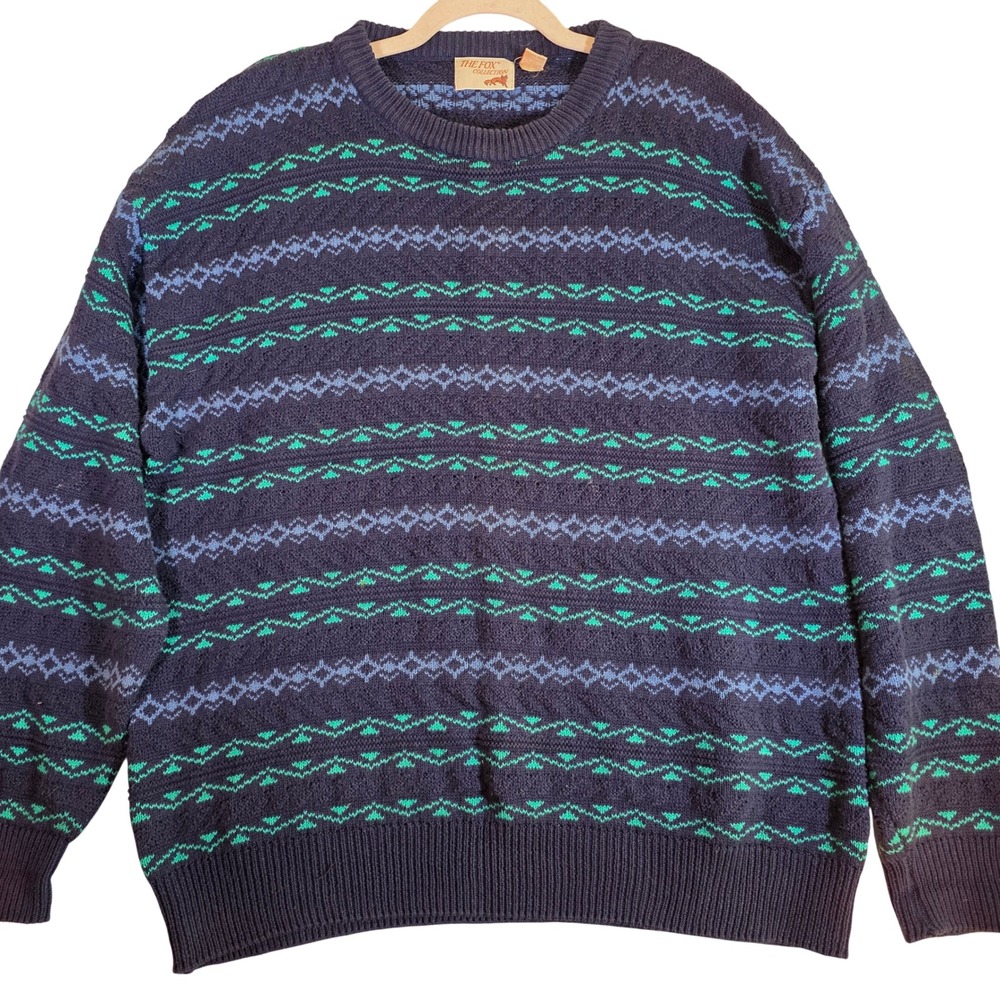 Vintage THE FOX COLLECTION Men's‎ L Navy Fair Isle Cotton Crewneck Sweater USA